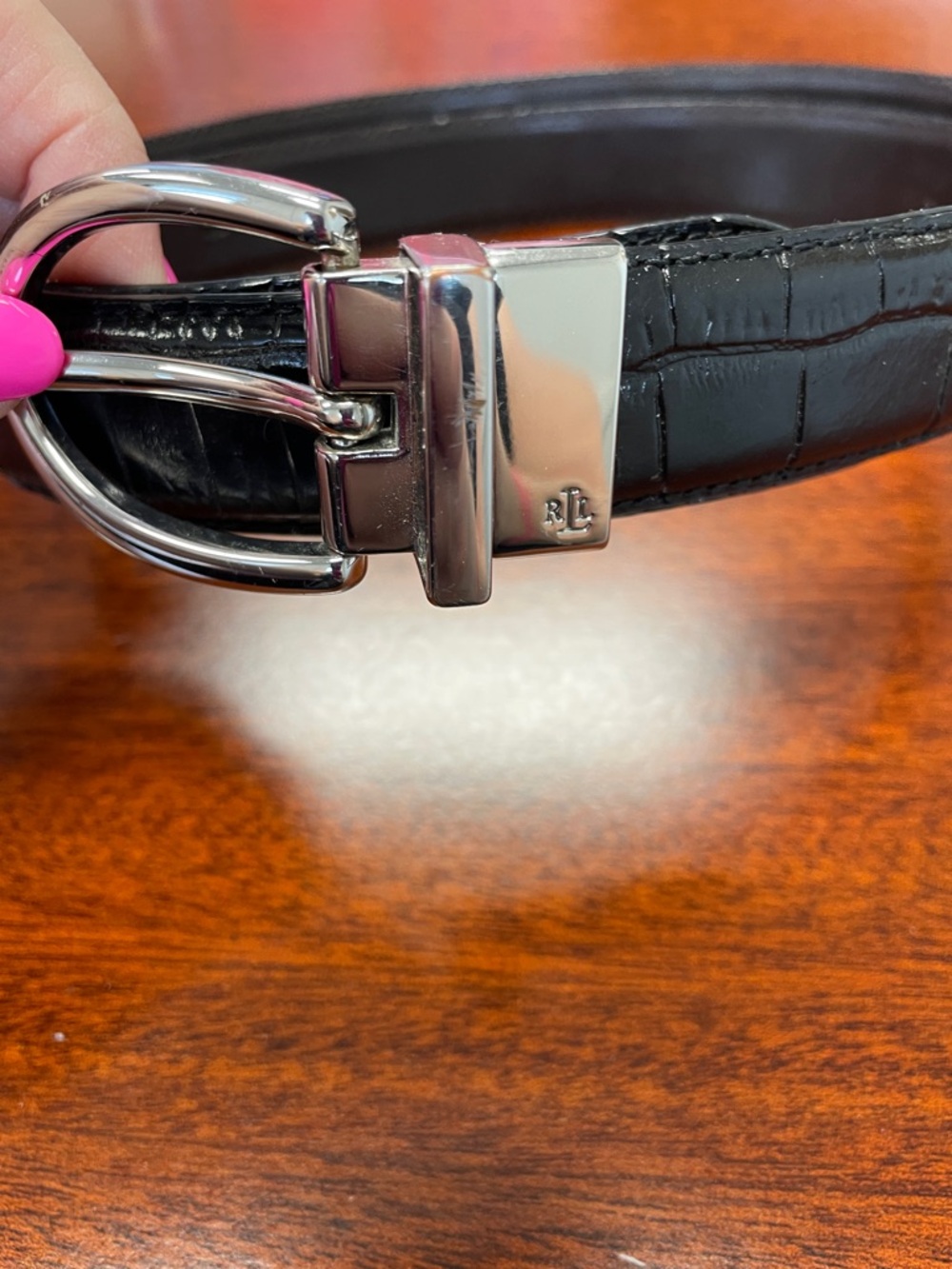 Lauren Ralph Lauren Women’s Black Croc-Embossed Leather Belt with Silver Buckle